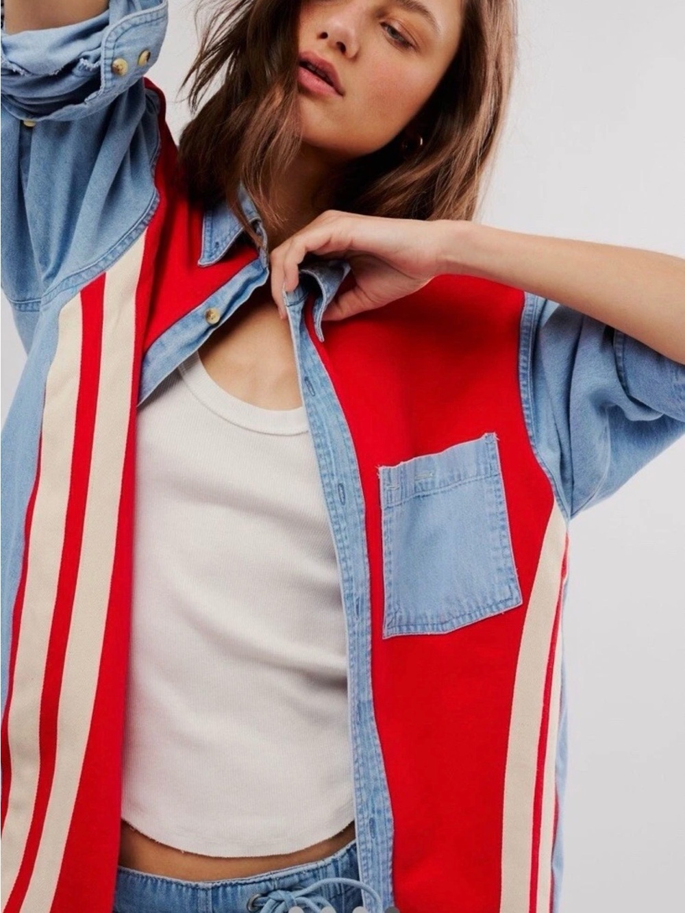 Free People x Tricia Fix Mixed Emotions Shirt Denim Sweatshirt Uncycled Rework - Picture 4 of 6